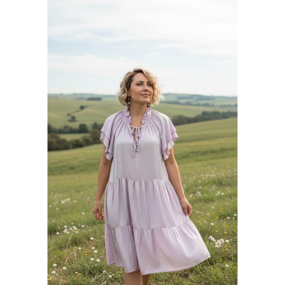 Sofia Italian Ruffle Tunic Dress in Soft Lavender Satin